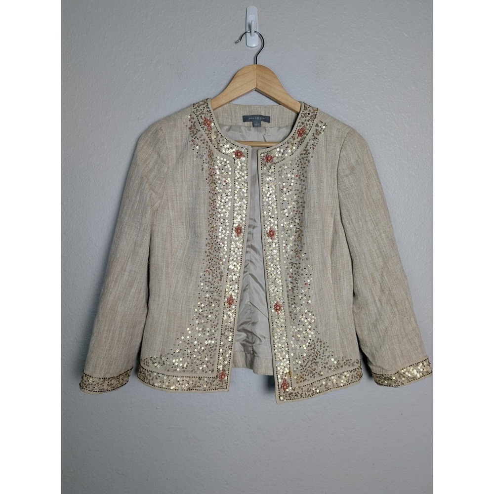 Ann Taylor Jacket Womens‎ 2 Beige Beaded Sequin Collarless Lined Open Front